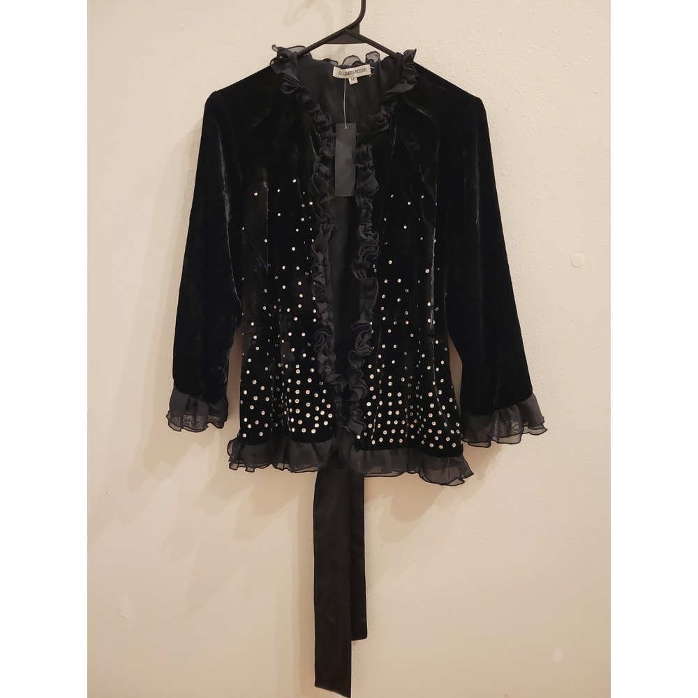 Alexandra Rosati Open Cardigan Womens M Black Velvet Studded Goth Glam Ruffle